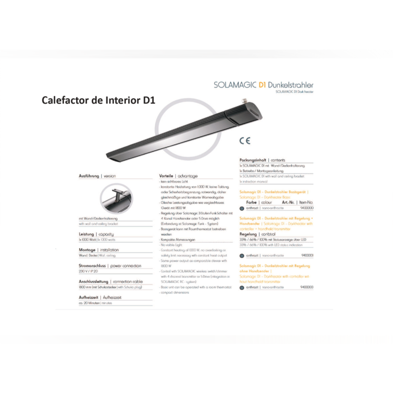 SENFAECO CALEFACTOR INFRARROJOS  SOLAMAGIC D1 CONTROL REMOTO DIM SIN LUZ - imagen 3